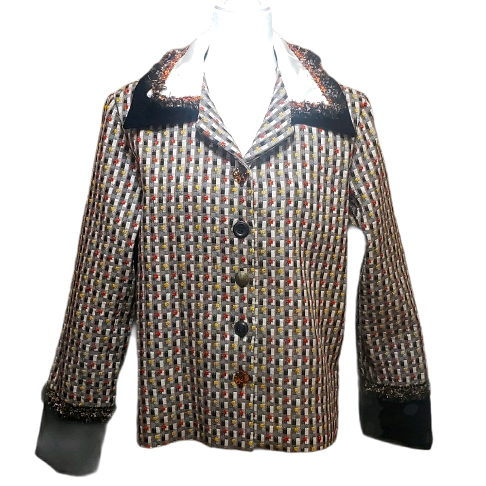 Taylor G. Embroidered Checkered Velvet Trim Suit Jacket